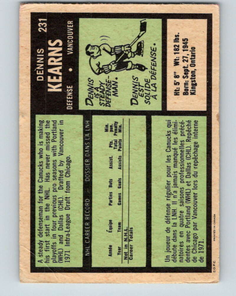 1971-72 O-Pee-Chee #231 Dennis Kearns RC Rookie Vancouver Canucks V9726