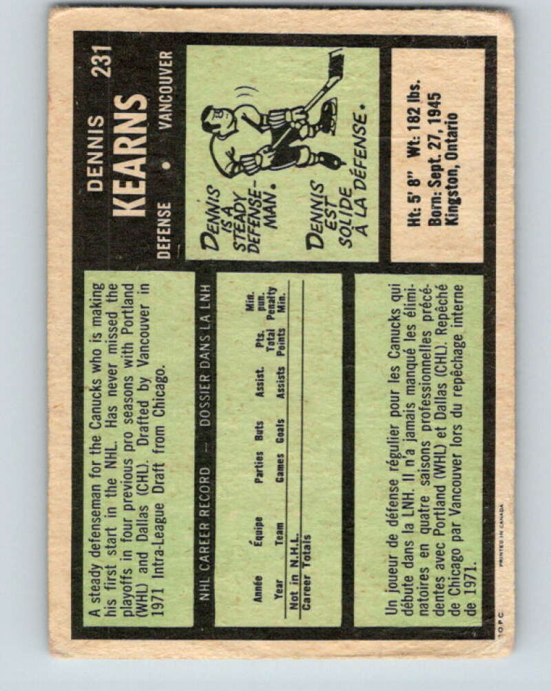 1971-72 O-Pee-Chee #231 Dennis Kearns RC Rookie Vancouver Canucks V9728