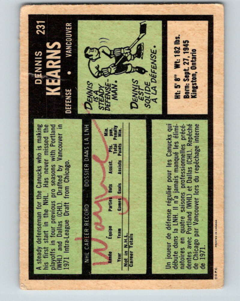 1971-72 O-Pee-Chee #231 Dennis Kearns RC Rookie Vancouver Canucks V9729