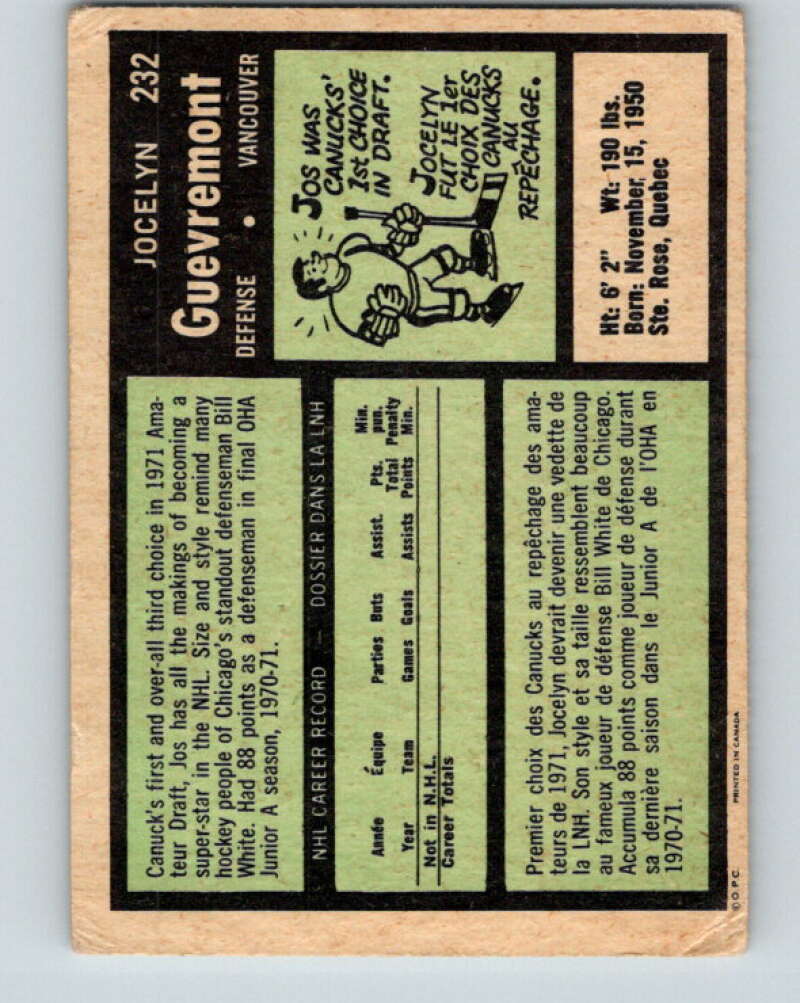 1971-72 O-Pee-Chee #232 Jocelyn Guevremont RC Rookie Vancouver Canucks V9730