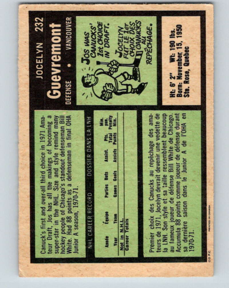1971-72 O-Pee-Chee #232 Jocelyn Guevremont RC Rookie Vancouver Canucks V9731