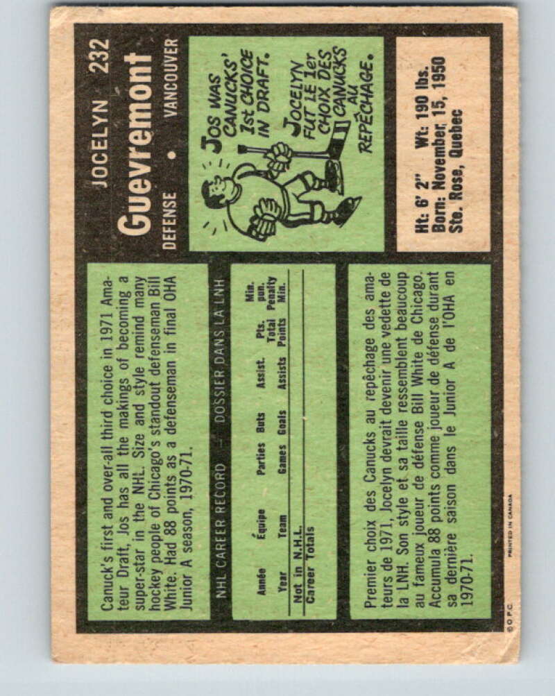 1971-72 O-Pee-Chee #232 Jocelyn Guevremont RC Rookie Vancouver Canucks V9732