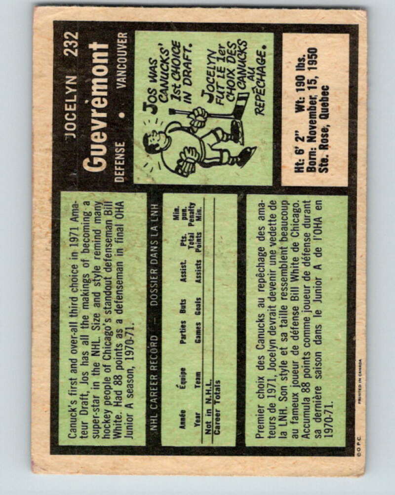1971-72 O-Pee-Chee #232 Jocelyn Guevremont RC Rookie Vancouver Canucks V9733