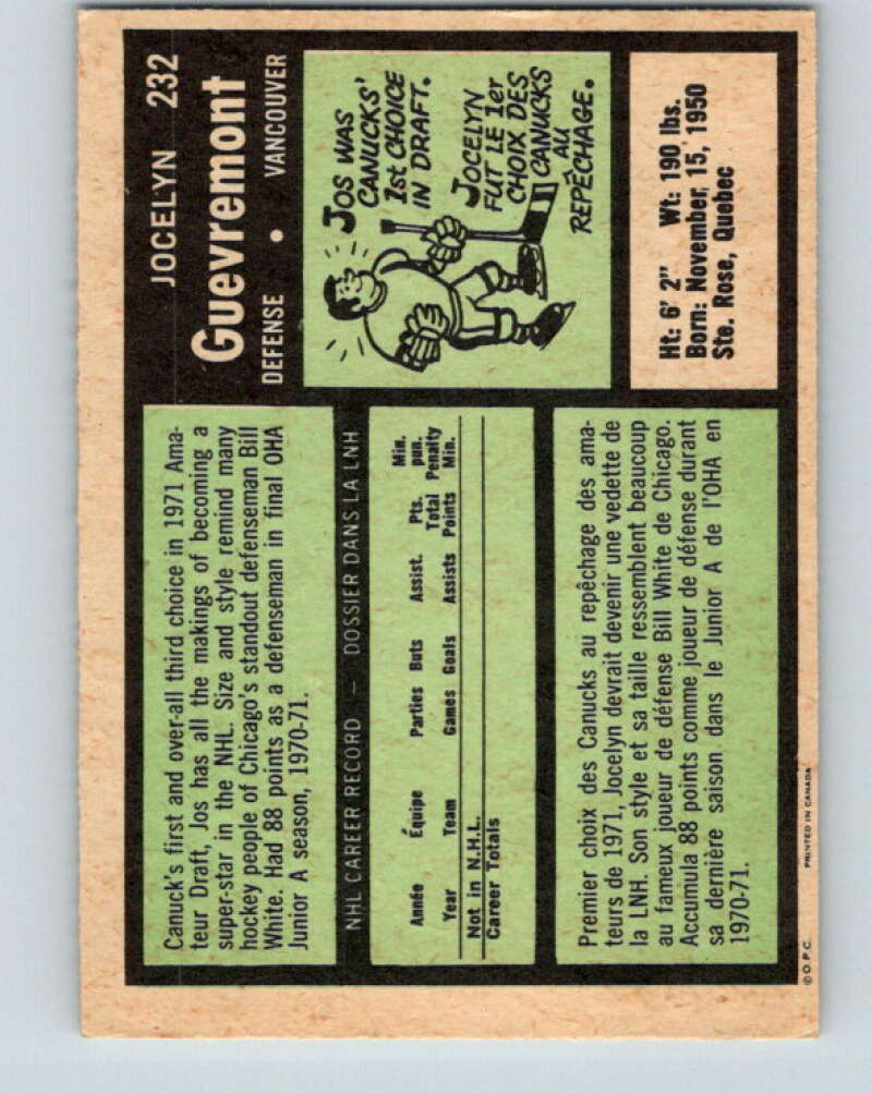 1971-72 O-Pee-Chee #232 Jocelyn Guevremont RC Rookie Vancouver Canucks V9734