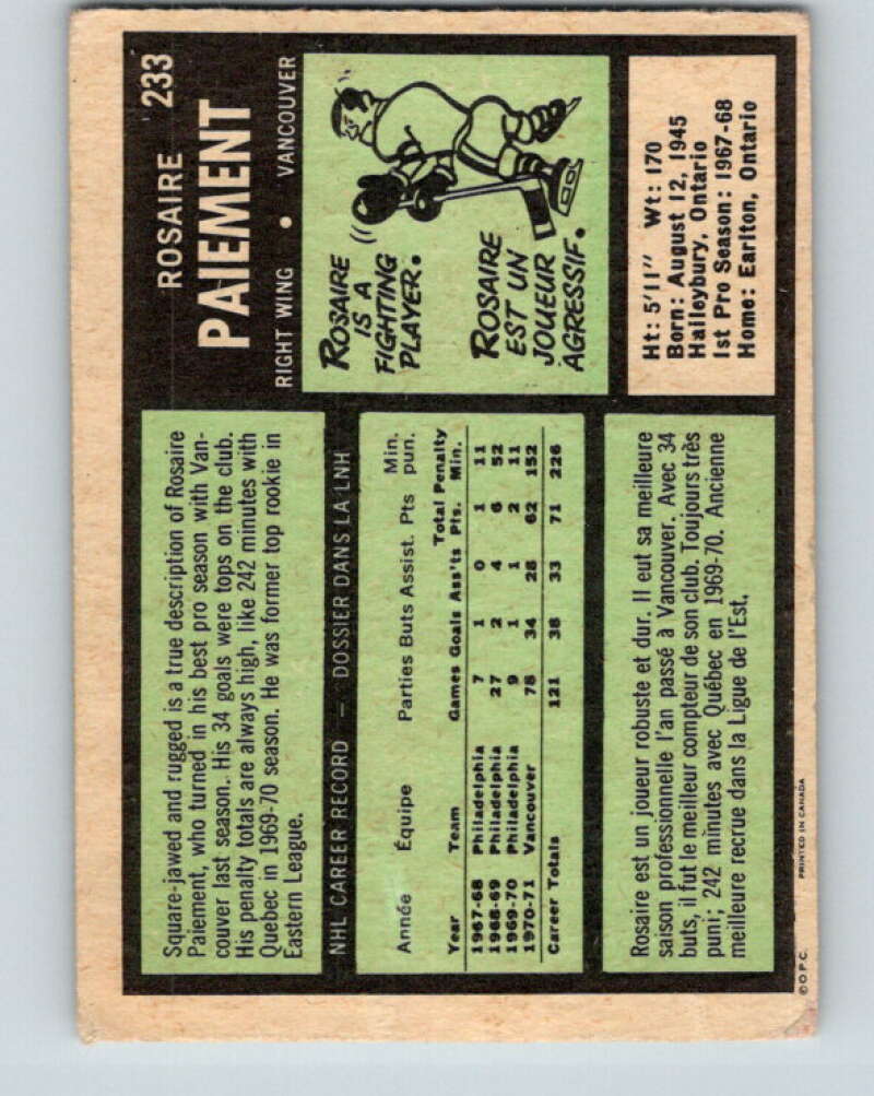 1971-72 O-Pee-Chee #233 Rosaire Paiement Vancouver Canucks V9735