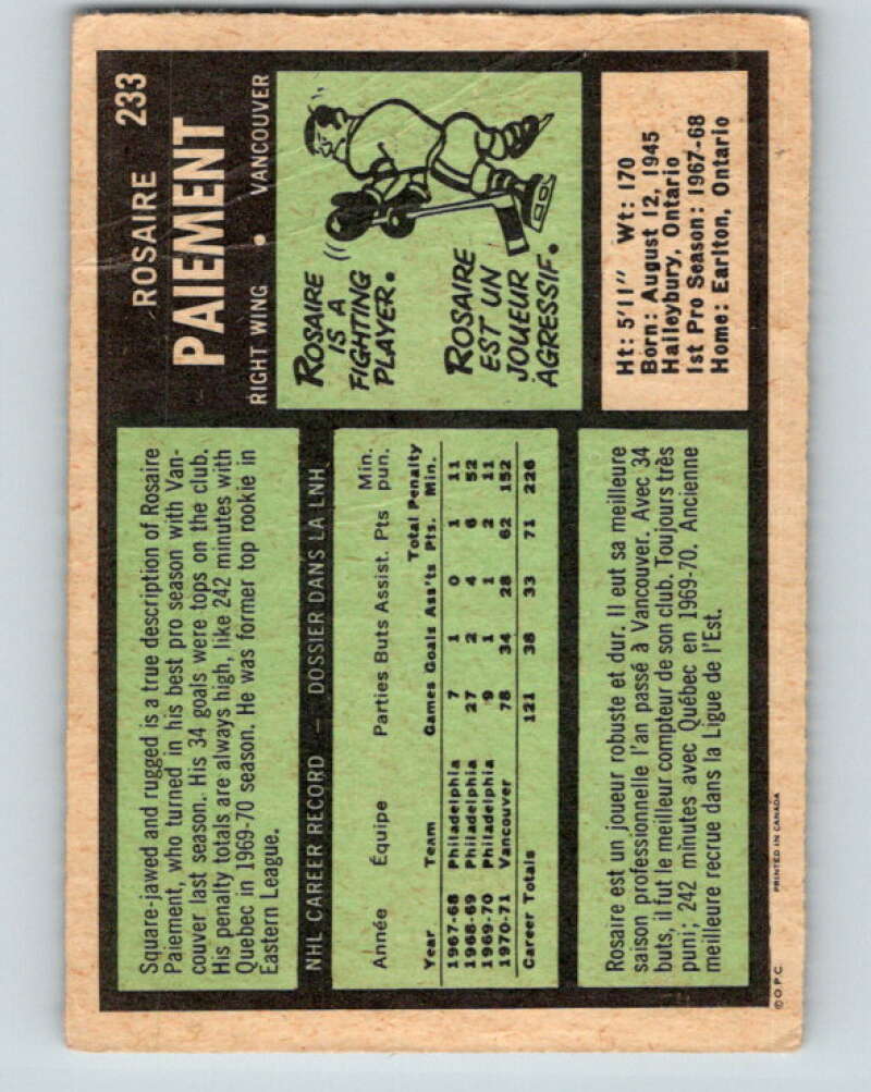 1971-72 O-Pee-Chee #233 Rosaire Paiement Vancouver Canucks V9736