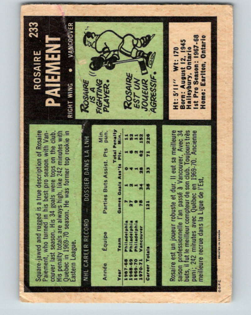 1971-72 O-Pee-Chee #233 Rosaire Paiement Vancouver Canucks V9737