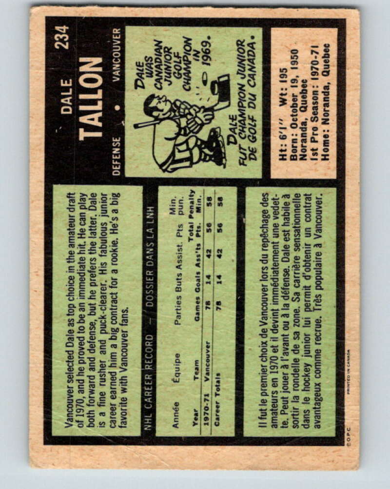 1971-72 O-Pee-Chee #234 Dale Tallon Vancouver Canucks V9738