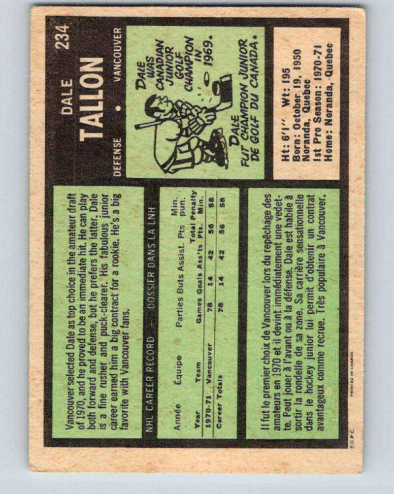 1971-72 O-Pee-Chee #234 Dale Tallon Vancouver Canucks V9739