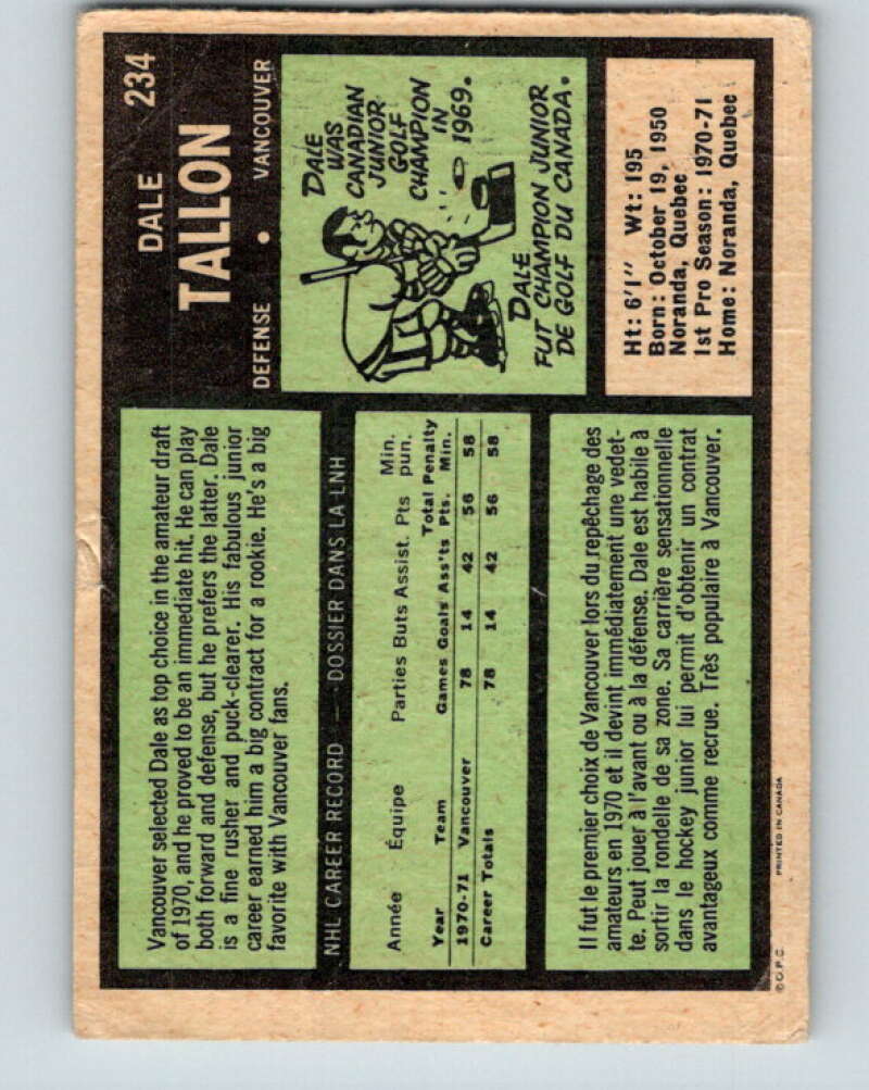 1971-72 O-Pee-Chee #234 Dale Tallon Vancouver Canucks V9740