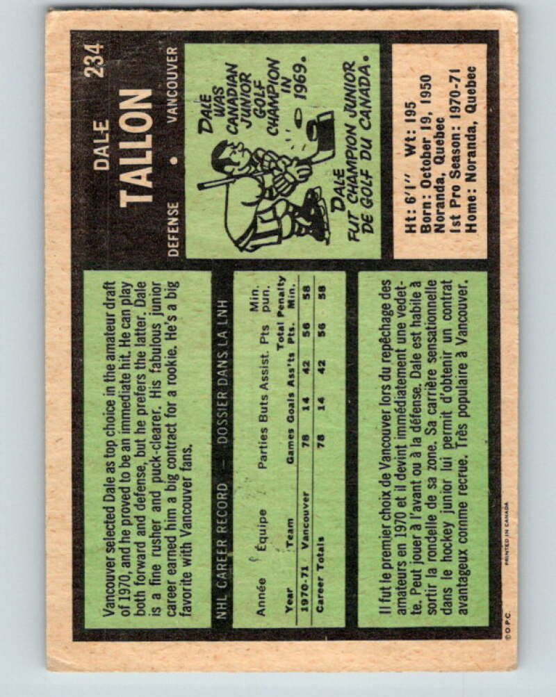 1971-72 O-Pee-Chee #234 Dale Tallon Vancouver Canucks V9741