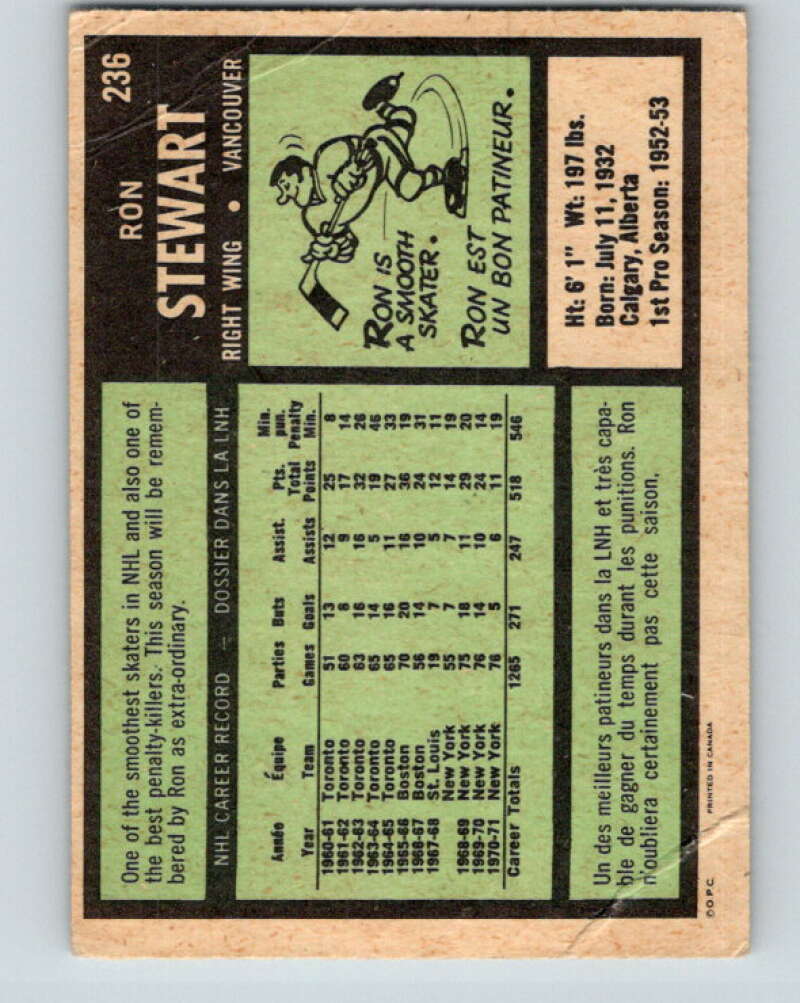 1971-72 O-Pee-Chee #236 Ron Stewart Vancouver Canucks V9746