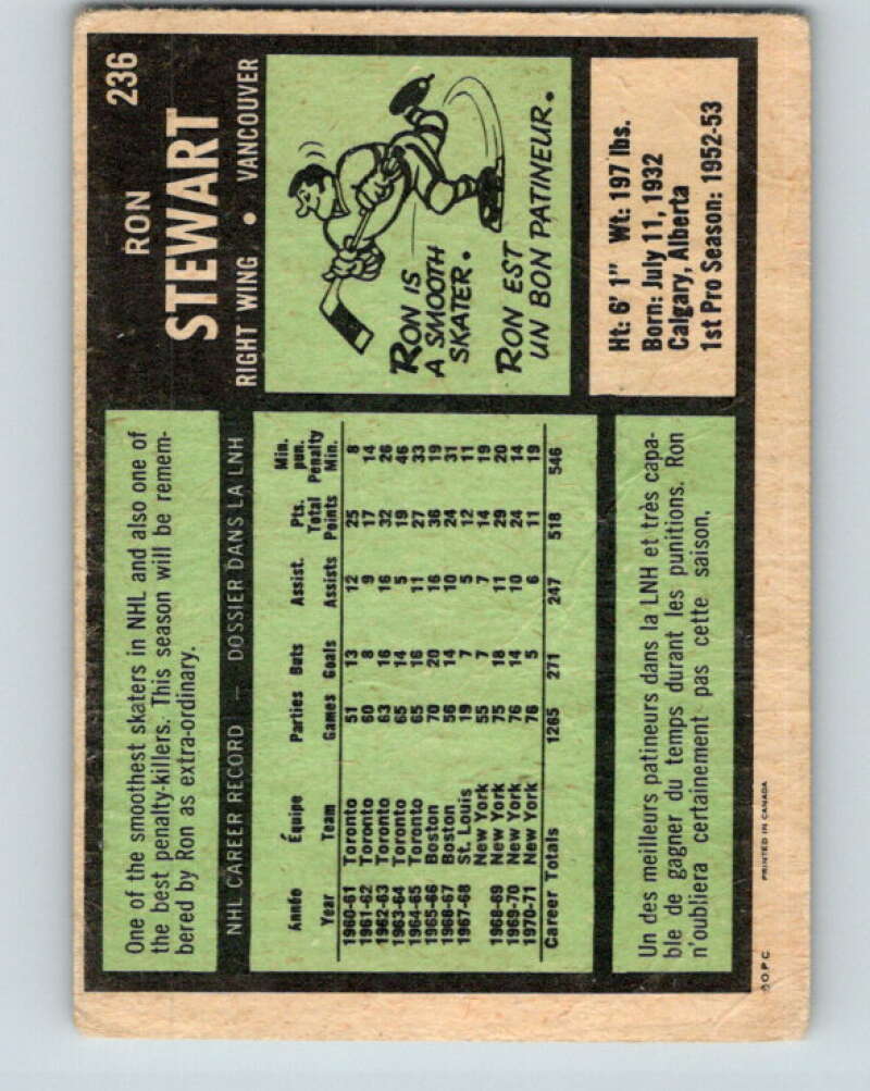 1971-72 O-Pee-Chee #236 Ron Stewart Vancouver Canucks V9747