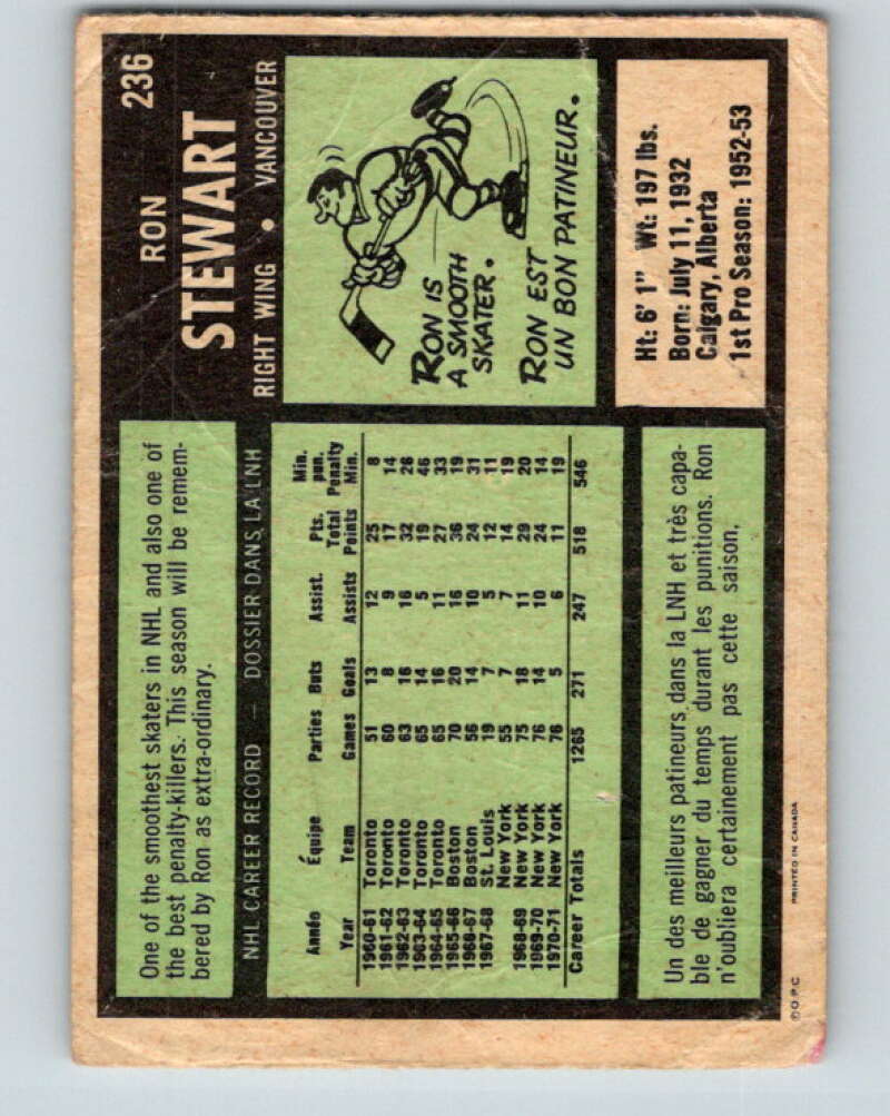1971-72 O-Pee-Chee #236 Ron Stewart Vancouver Canucks V9748