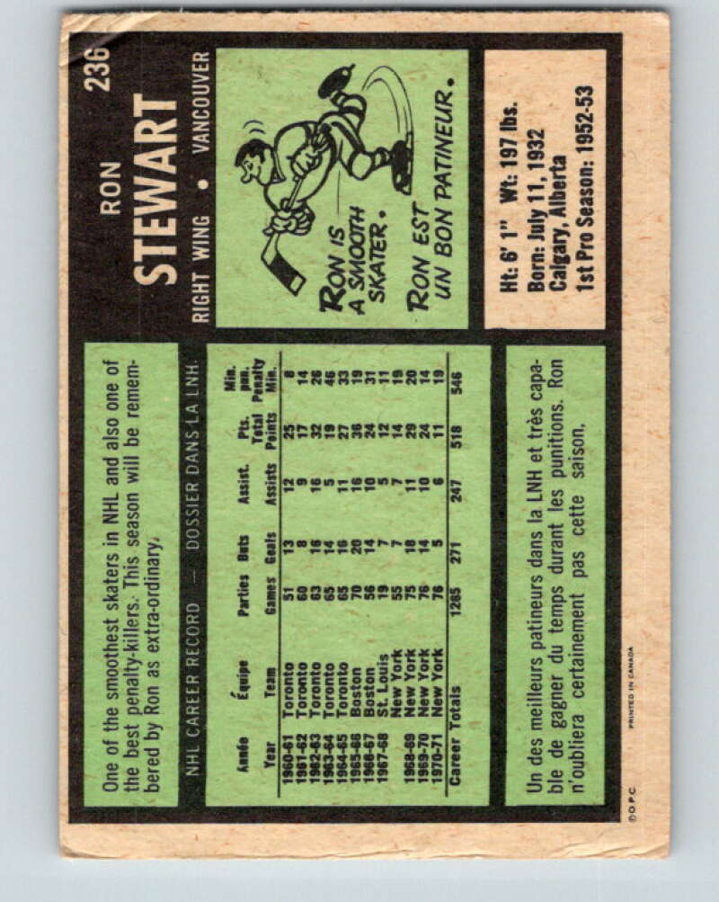 1971-72 O-Pee-Chee #236 Ron Stewart Vancouver Canucks V9749