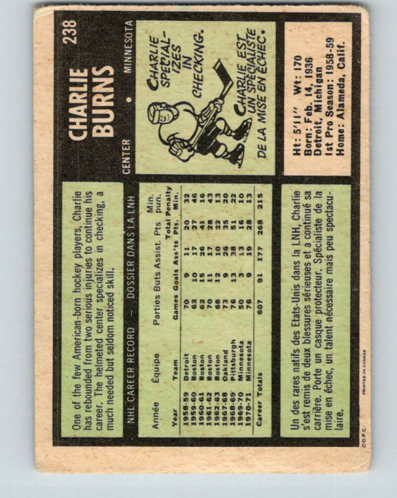 1971-72 O-Pee-Chee #238 Charlie Burns Minnesota North Stars V9756