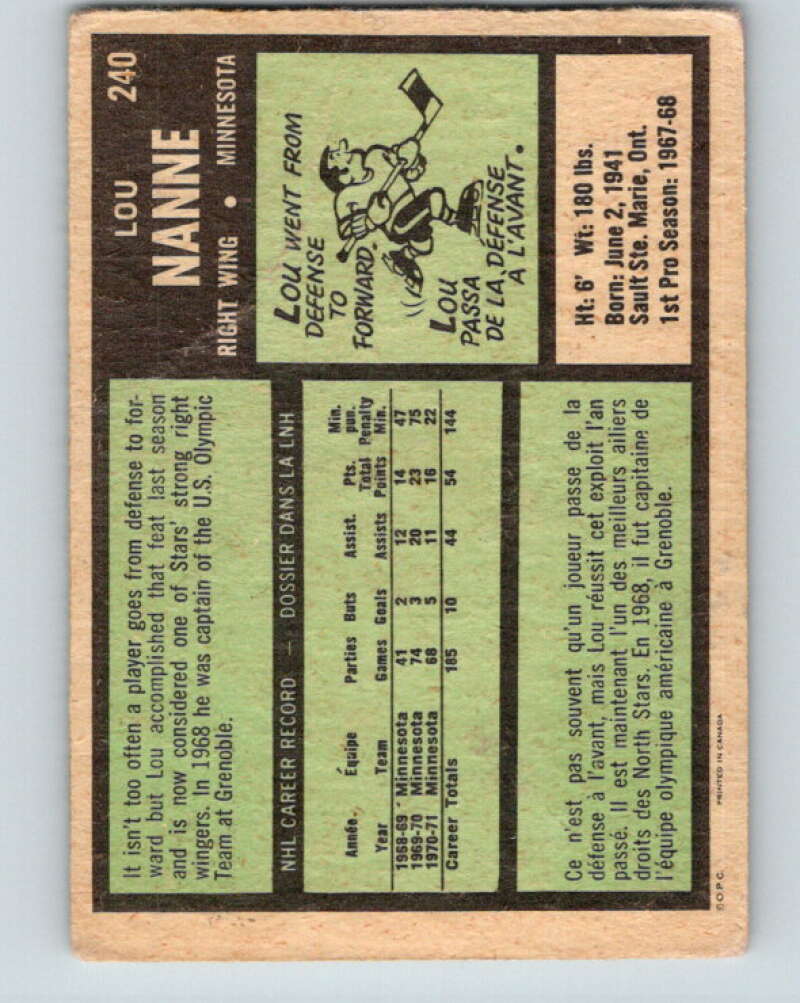 1971-72 O-Pee-Chee #240 Lou Nanne Minnesota North Stars V9765