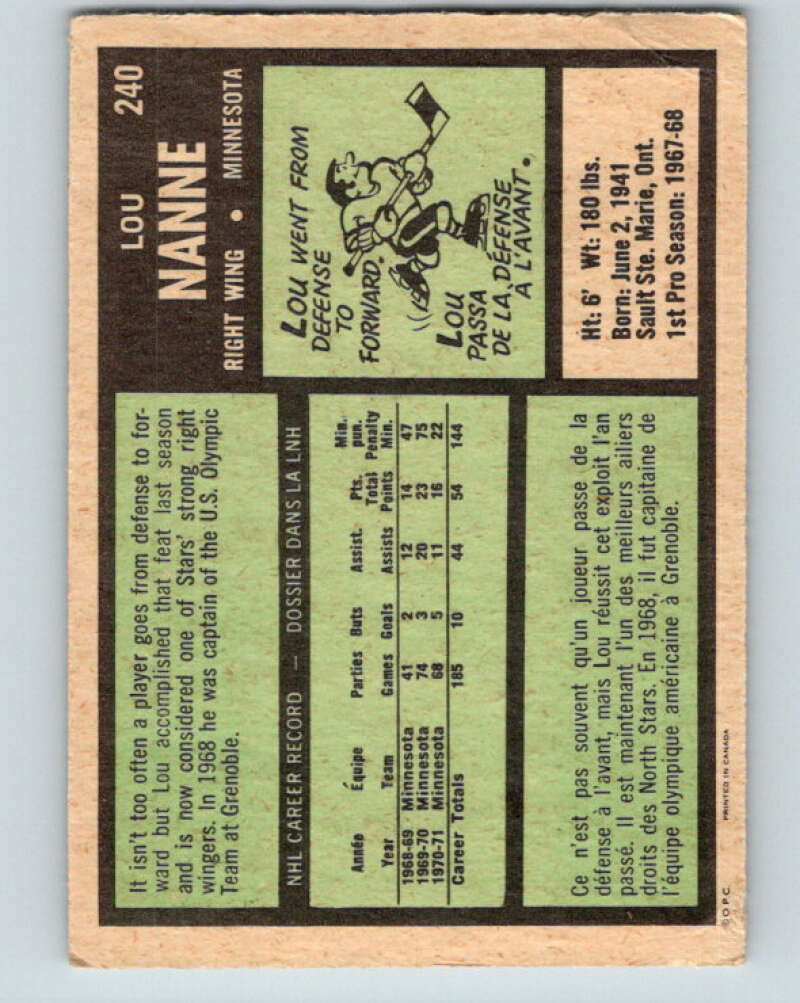 1971-72 O-Pee-Chee #240 Lou Nanne Minnesota North Stars V9766