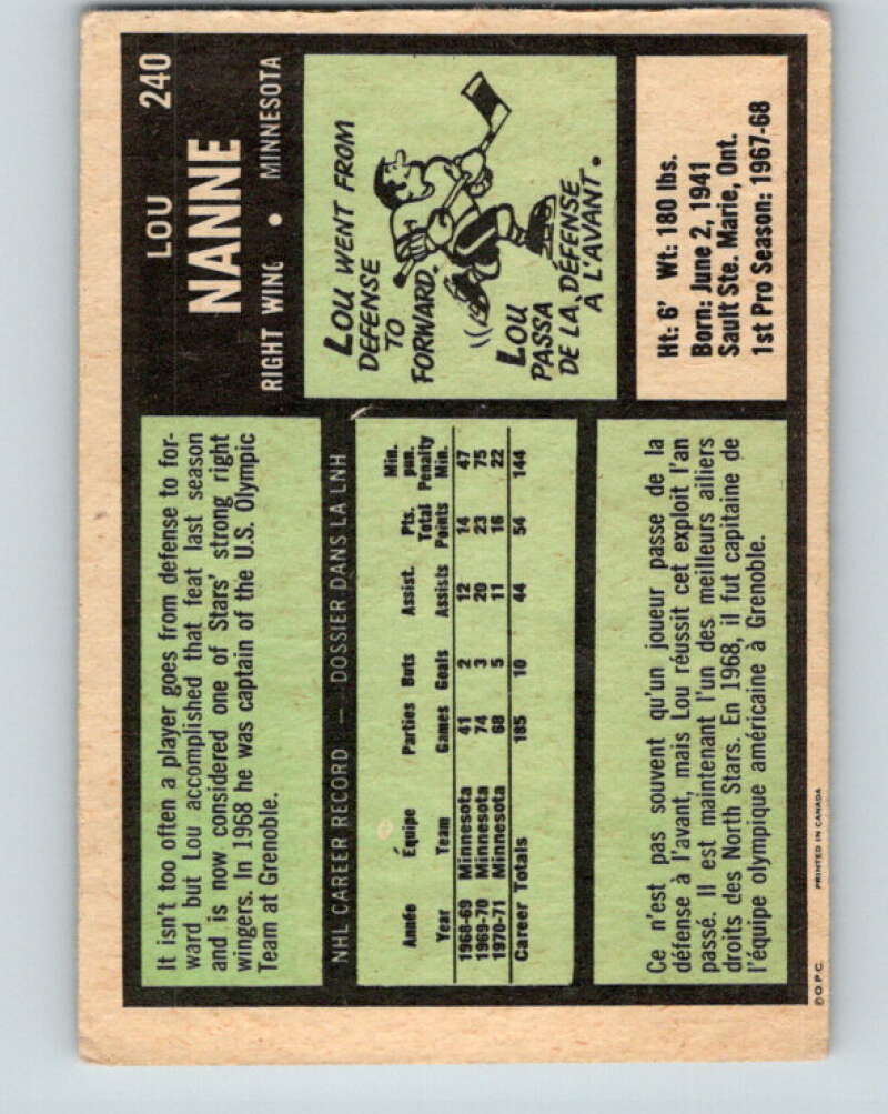 1971-72 O-Pee-Chee #240 Lou Nanne Minnesota North Stars V9768