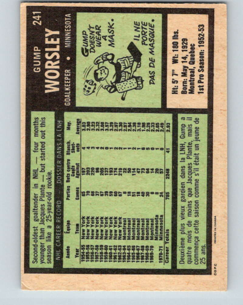 1971-72 O-Pee-Chee #241 Gump Worsley Minnesota North Stars V9769