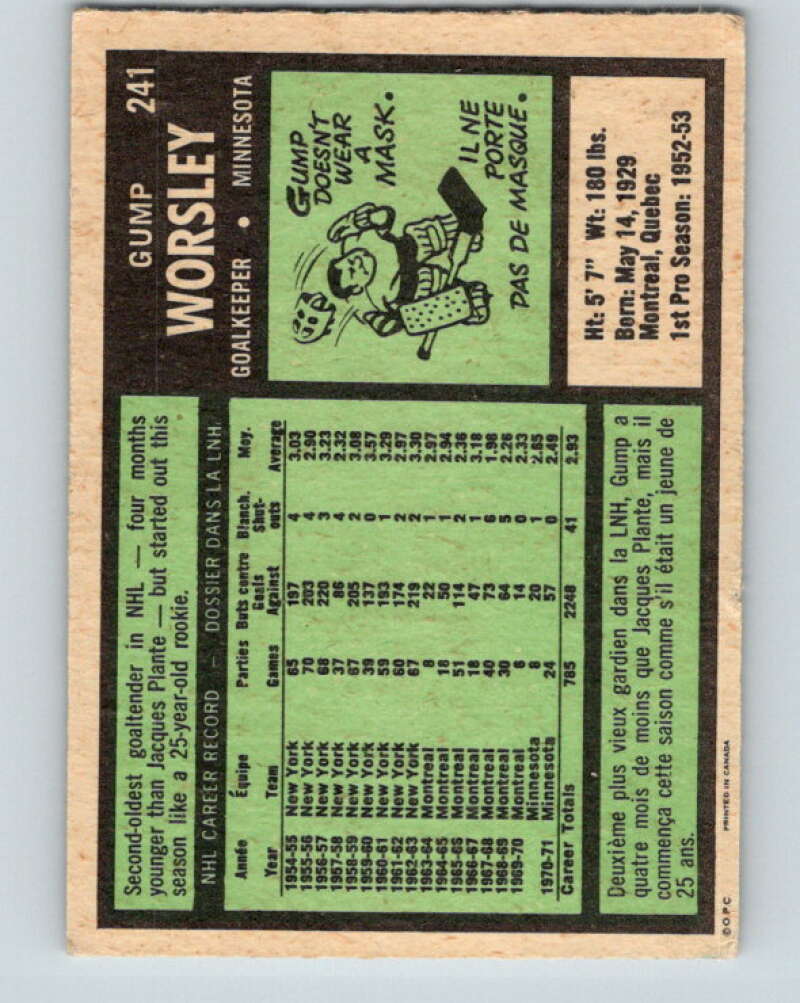 1971-72 O-Pee-Chee #241 Gump Worsley Minnesota North Stars V9770