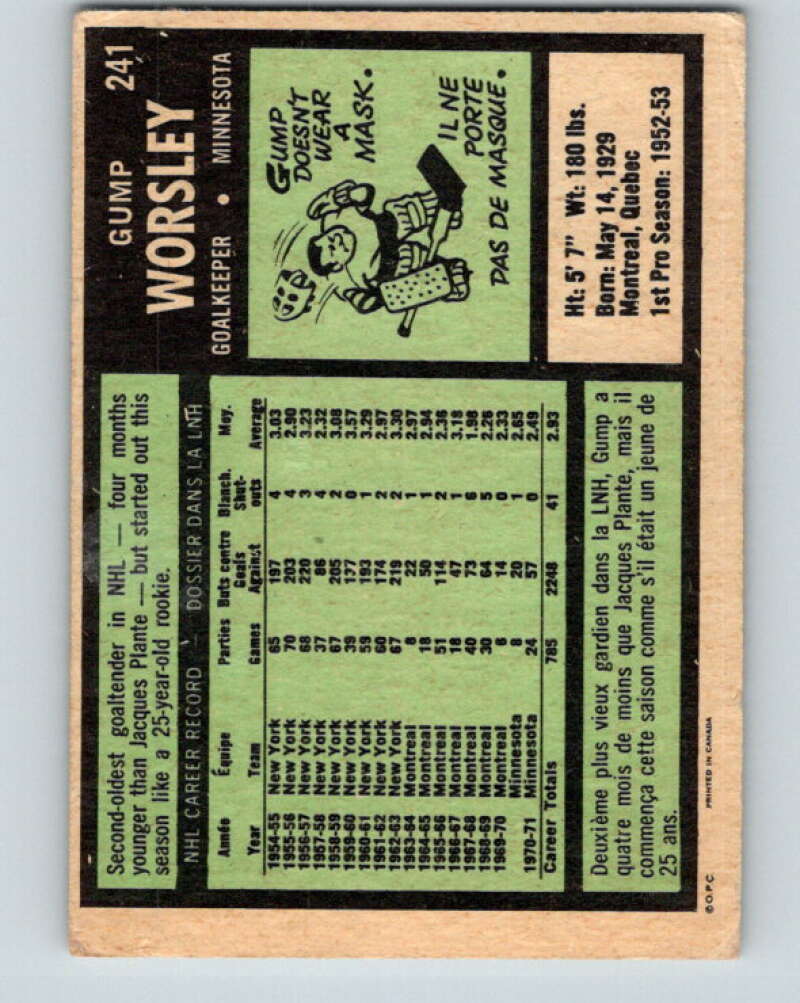1971-72 O-Pee-Chee #241 Gump Worsley Minnesota North Stars V9771
