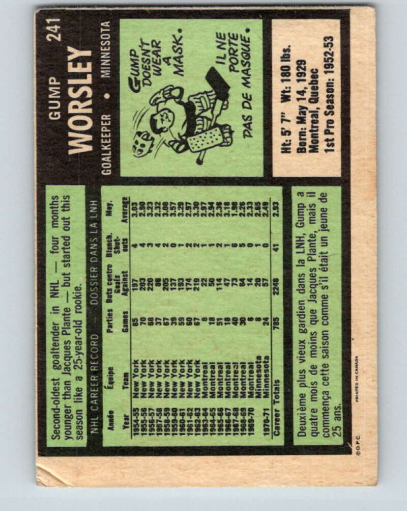 1971-72 O-Pee-Chee #241 Gump Worsley Minnesota North Stars V9772