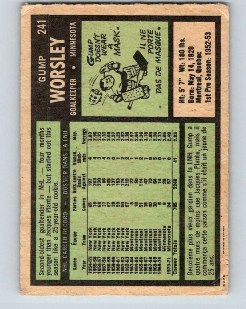 1971-72 O-Pee-Chee #241 Gump Worsley Minnesota North Stars V9773