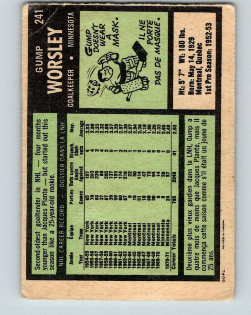 1971-72 O-Pee-Chee #241 Gump Worsley  Minnesota North Stars  V9773