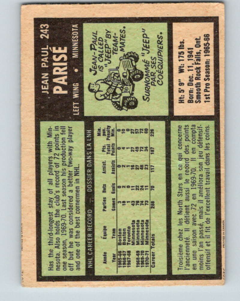 1971-72 O-Pee-Chee #243 J.P. Parise Minnesota North Stars V9785