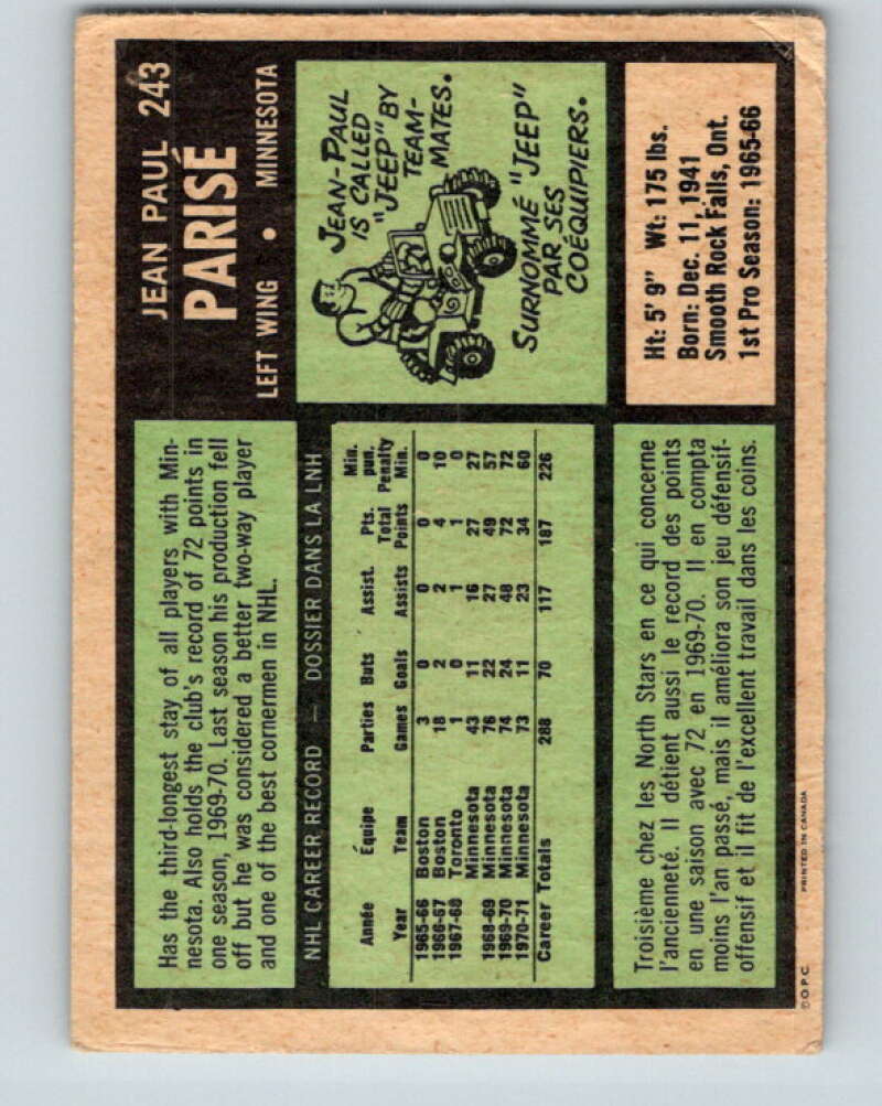 1971-72 O-Pee-Chee #243 J.P. Parise Minnesota North Stars V9786