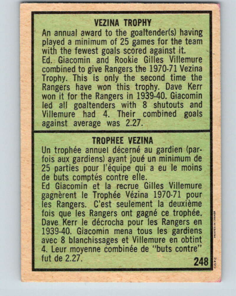 1971-72 O-Pee-Chee #248 Ed Giacomin/Gilles Villemure TR V9805