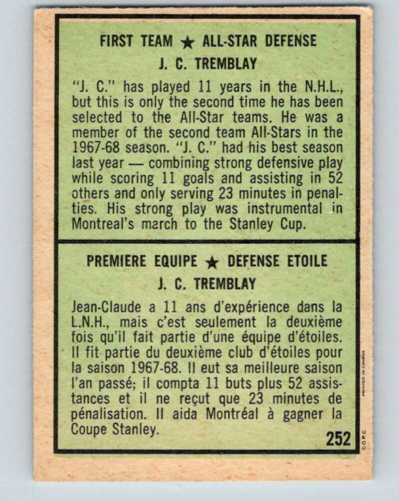1971-72 O-Pee-Chee #252 J.C. Tremblay AS Montreal Canadiens V9823