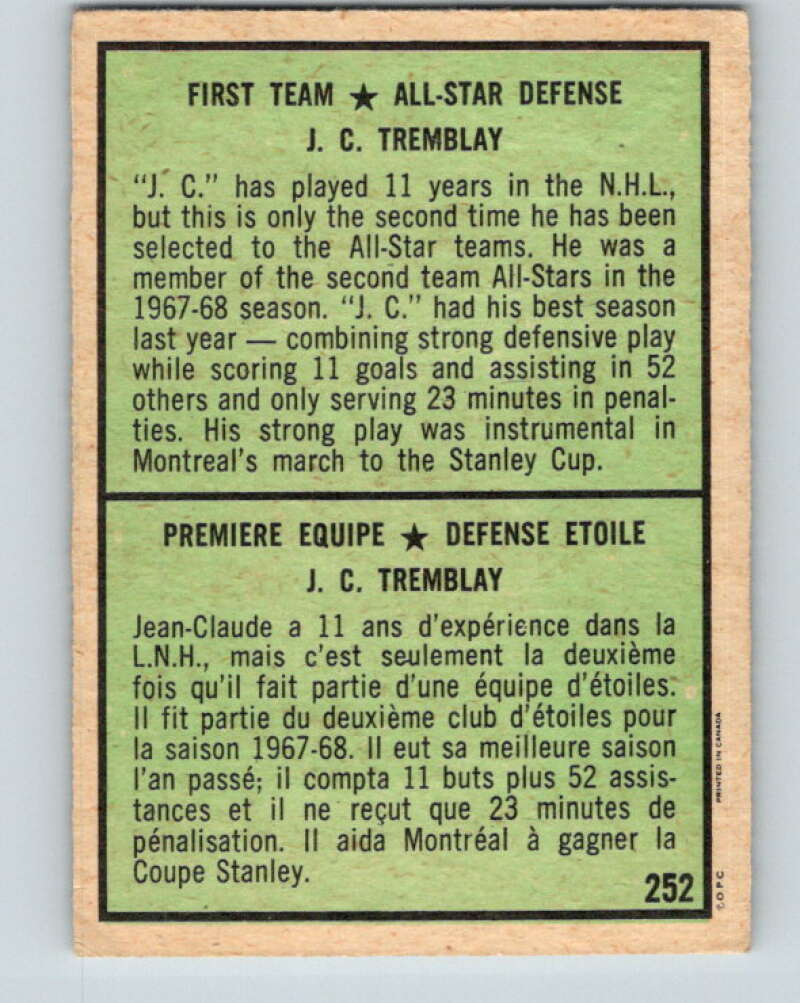 1971-72 O-Pee-Chee #252 J.C. Tremblay AS Montreal Canadiens V9824