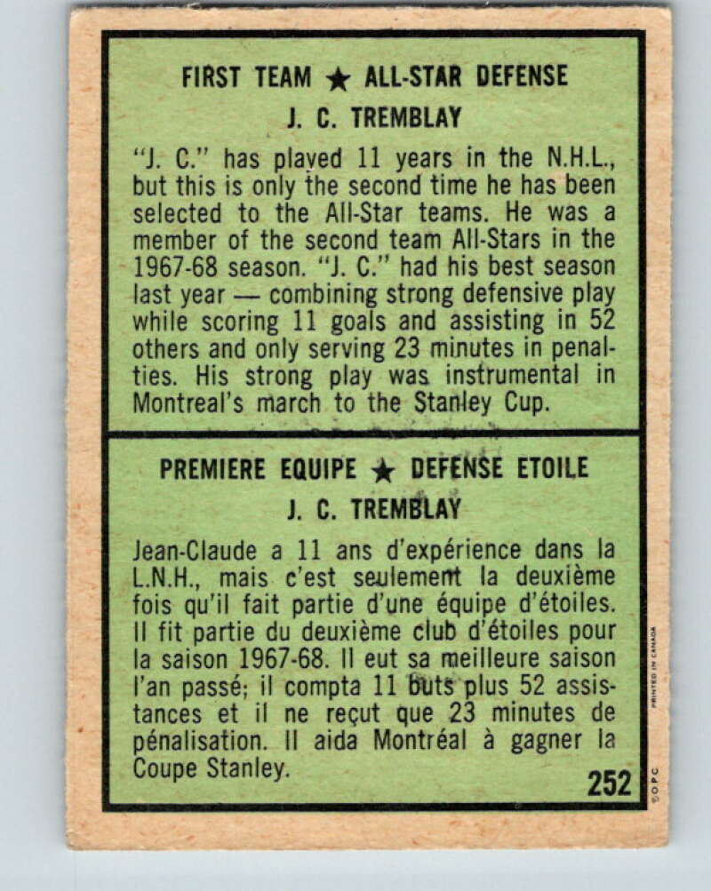 1971-72 O-Pee-Chee #252 J.C. Tremblay AS Montreal Canadiens V9825