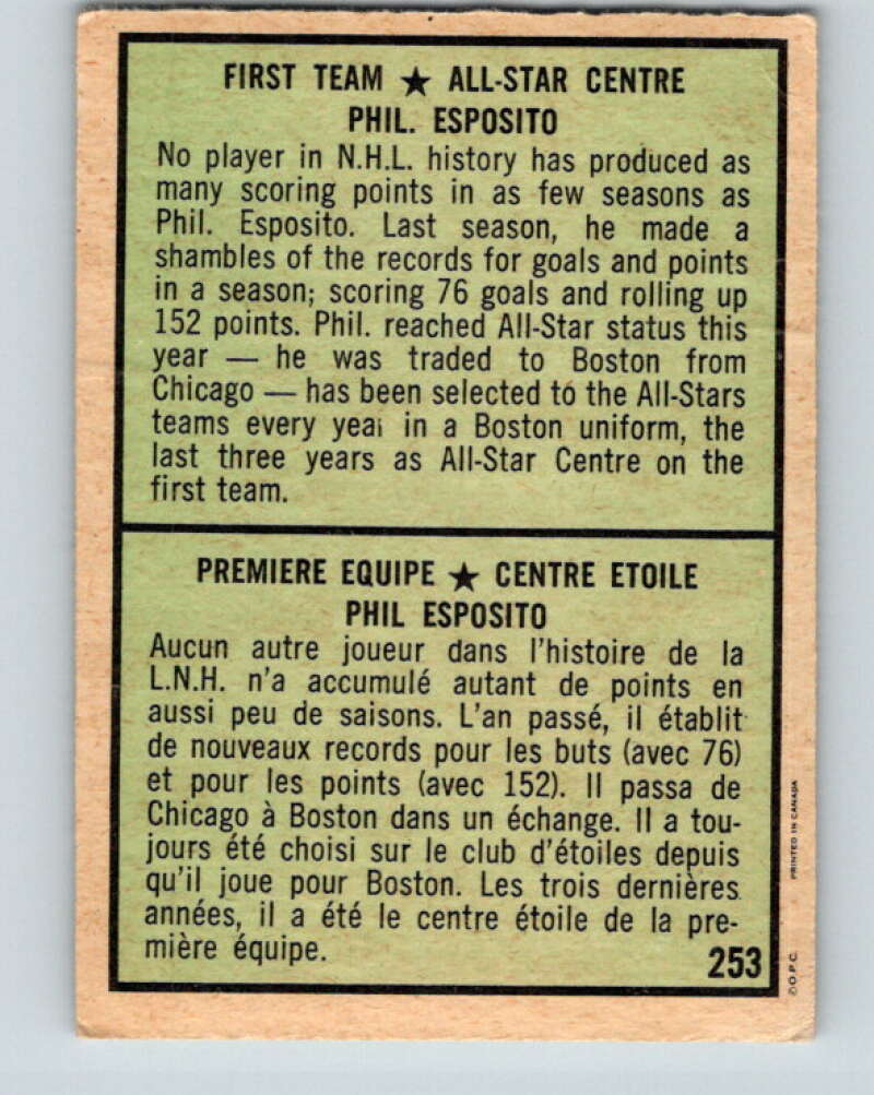 1971-72 O-Pee-Chee #253 Phil Esposito UER AS Boston Bruins V9830