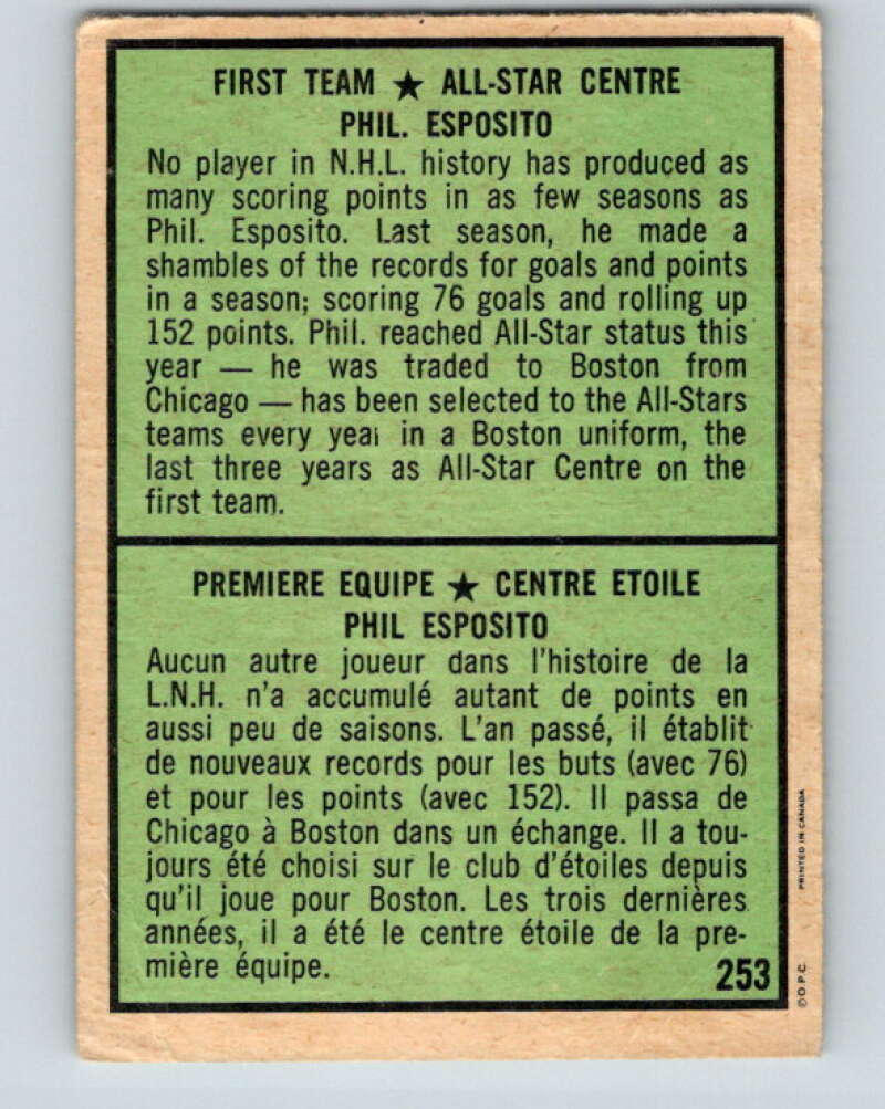 1971-72 O-Pee-Chee #253 Phil Esposito UER AS Boston Bruins V9831