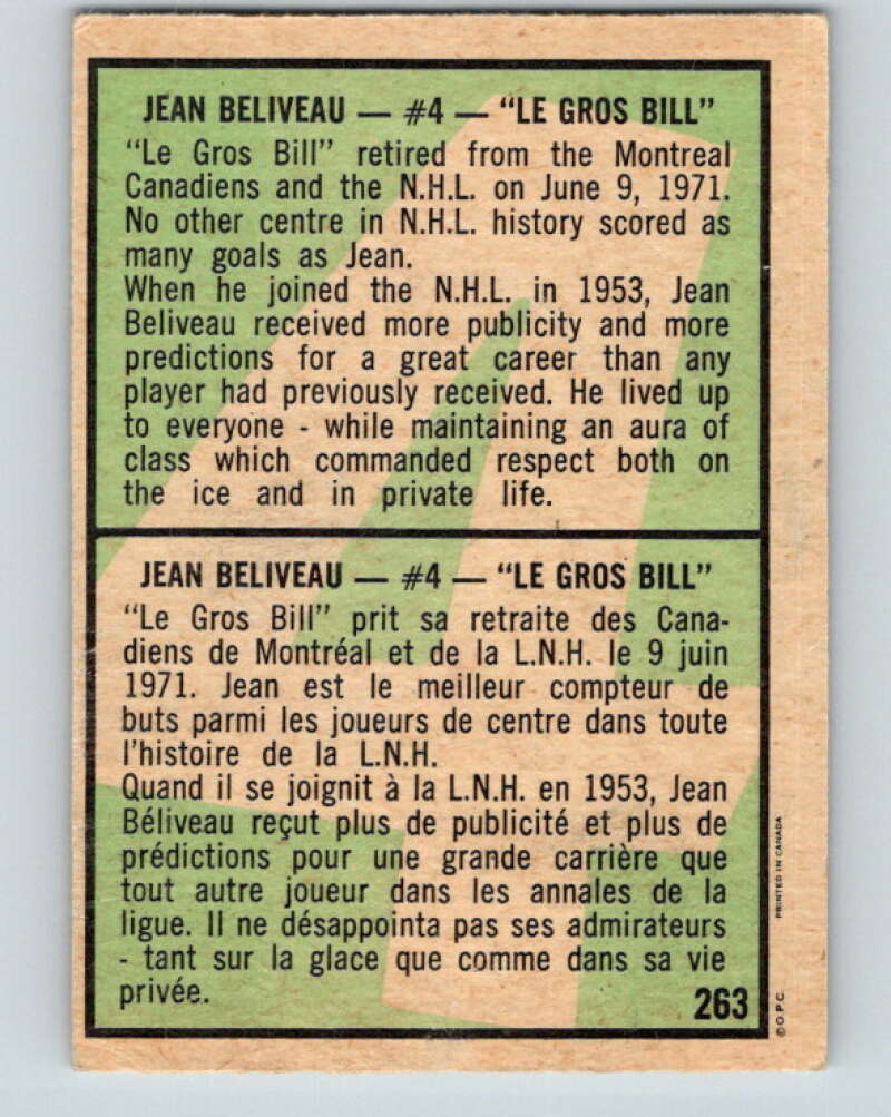 1971-72 O-Pee-Chee #263 Jean Beliveau Montreal Canadiens V9957