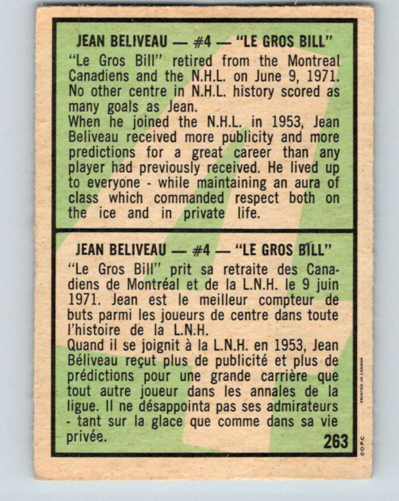 1971-72 O-Pee-Chee #263 Jean Beliveau Montreal Canadiens V9959
