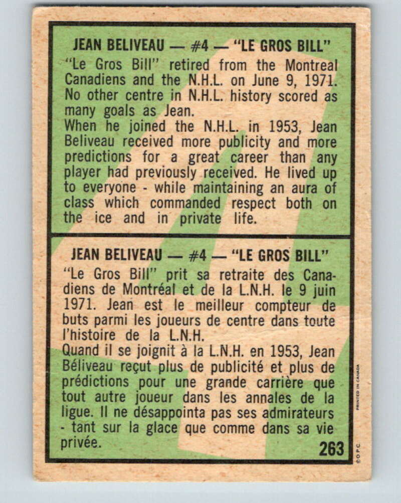 1971-72 O-Pee-Chee #263 Jean Beliveau Montreal Canadiens V9960