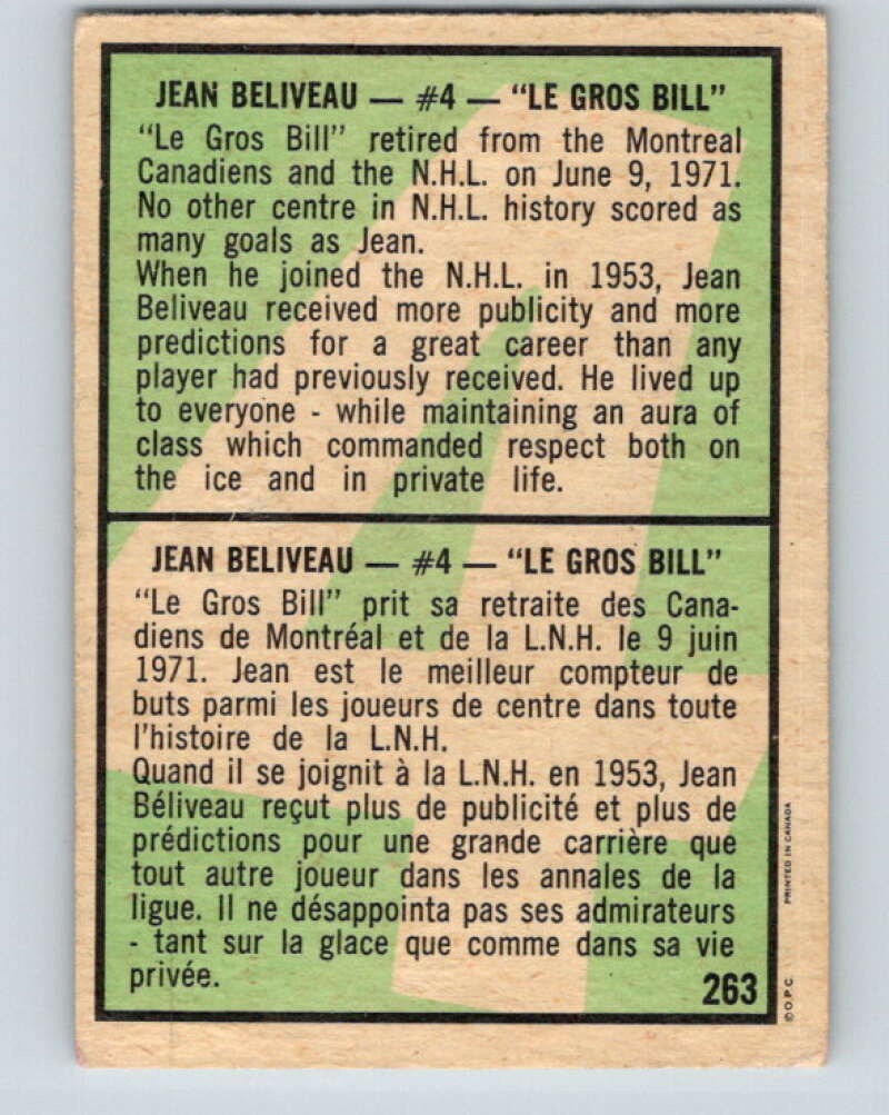 1971-72 O-Pee-Chee #263 Jean Beliveau Montreal Canadiens V9961