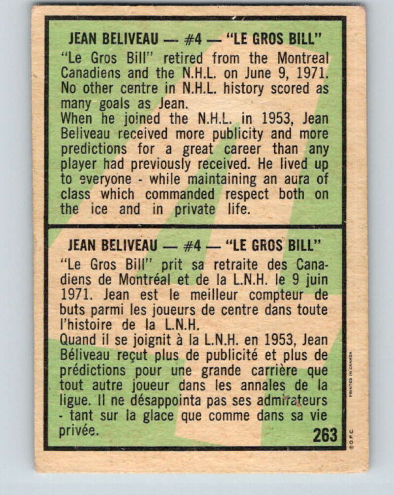 1971-72 O-Pee-Chee #263 Jean Beliveau Montreal Canadiens V9963