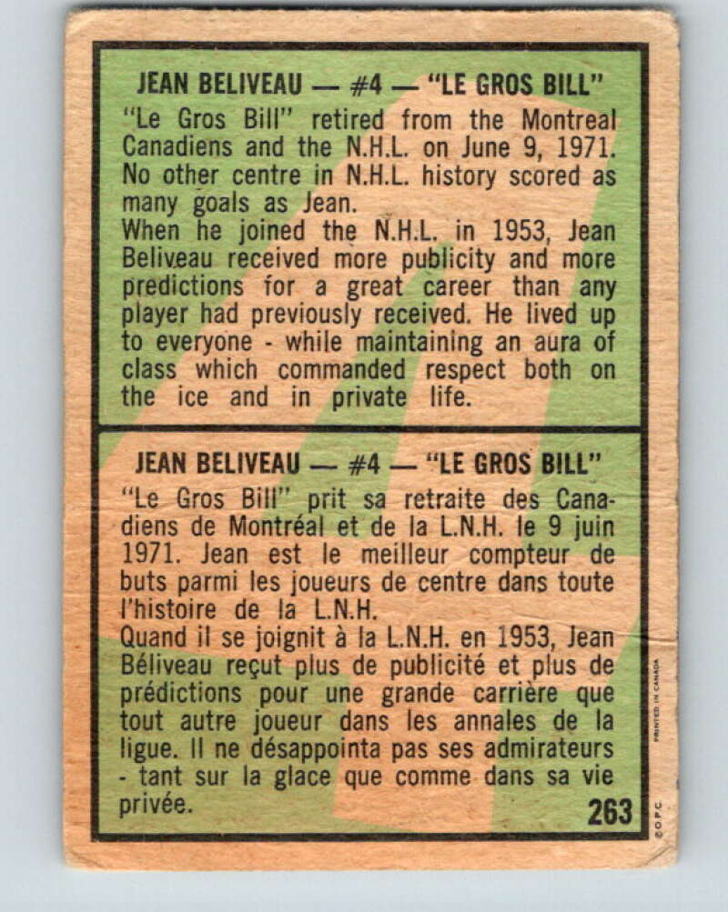 1971-72 O-Pee-Chee #263 Jean Beliveau Montreal Canadiens V9964