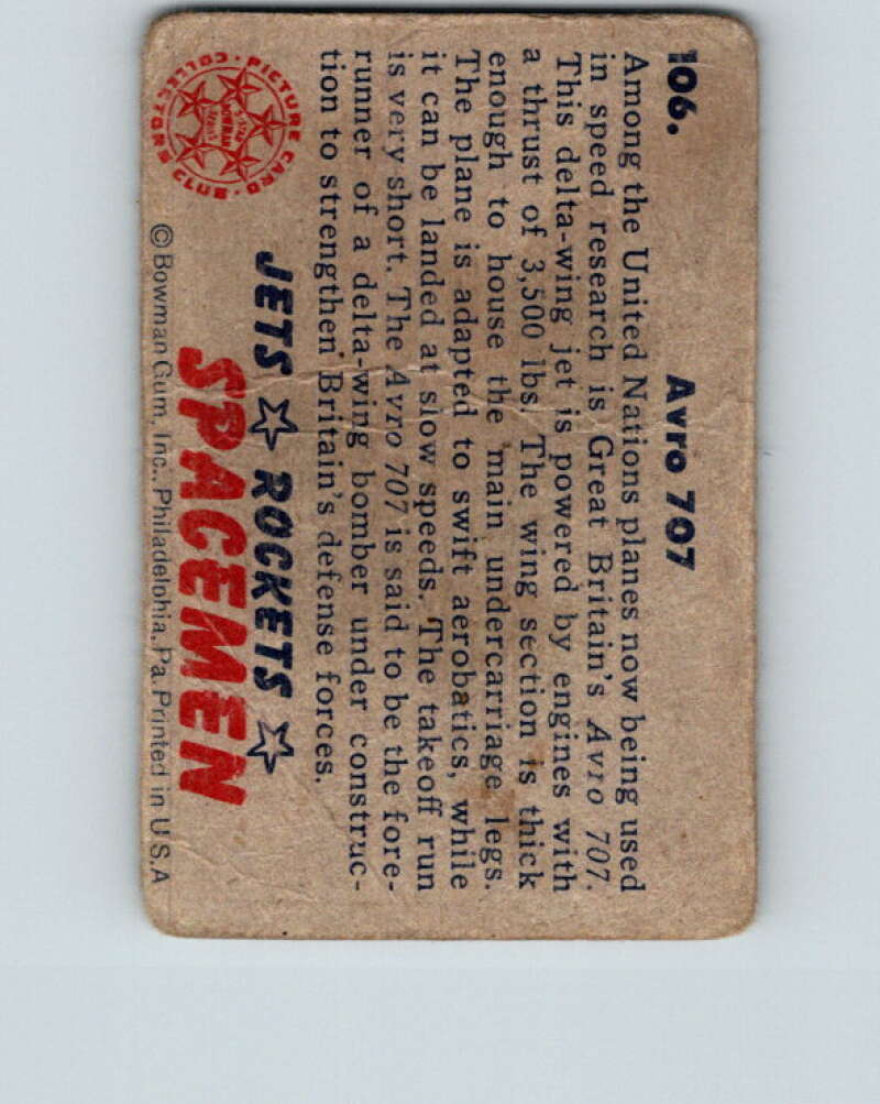 1951 Bowman Jets Rockets Spacemen #106 Avro 707 V10234