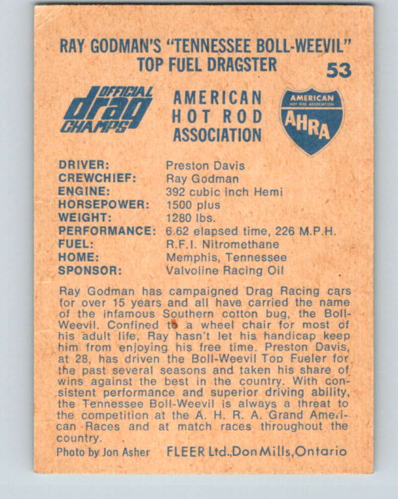 1971 Fleer AHRA Drag Champs #53 Ray Godmans Boll-Weevil V10343