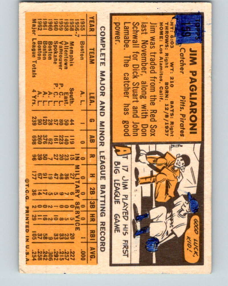 1963 Topps MLB #159 Jim Pagliaroni Pittsburgh Pirates V10369