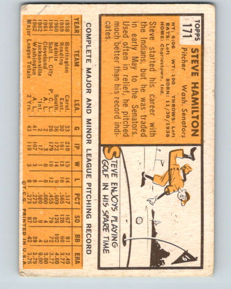 1963 Topps MLB #171 Steve Hamilton RC Rookie Washington Senators V10370