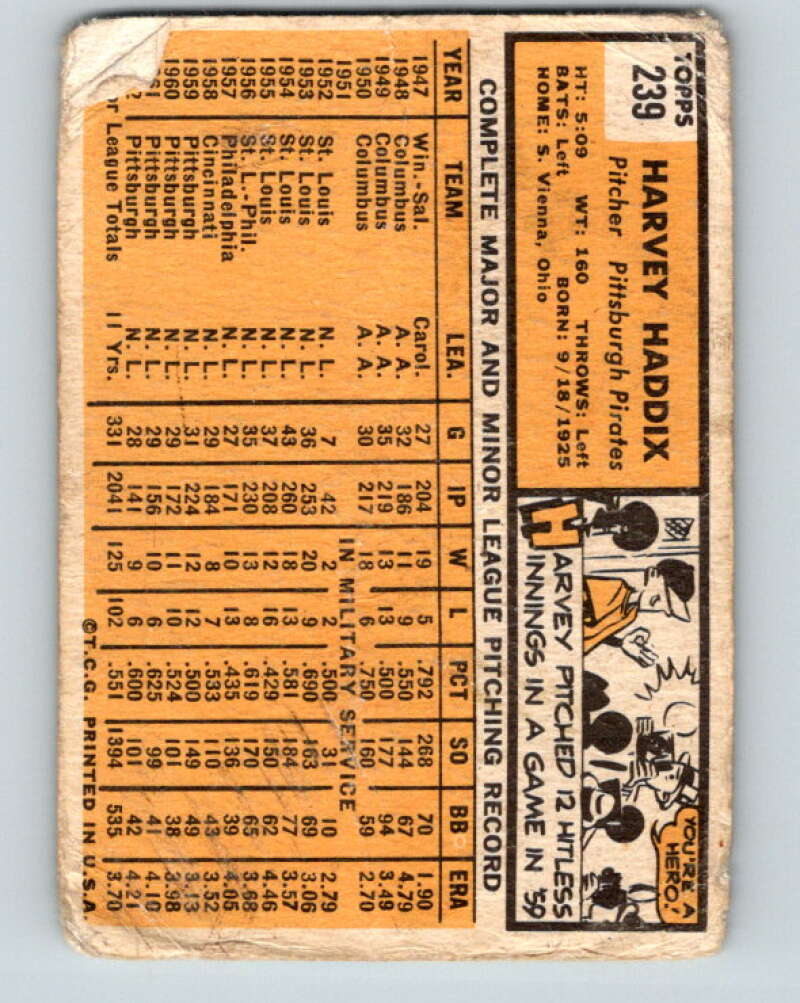1963 Topps MLB #239 Harvey Haddix Pittsburgh Pirates V10374