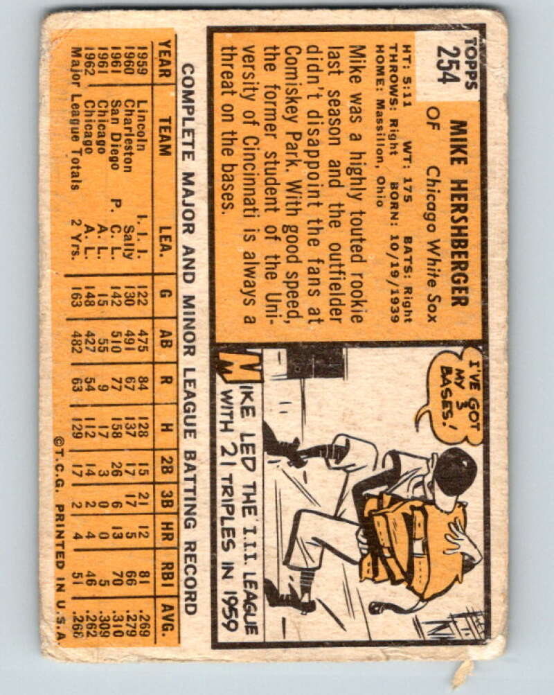 1963 Topps MLB #254 Mike Hershberger Chicago White Sox V10377