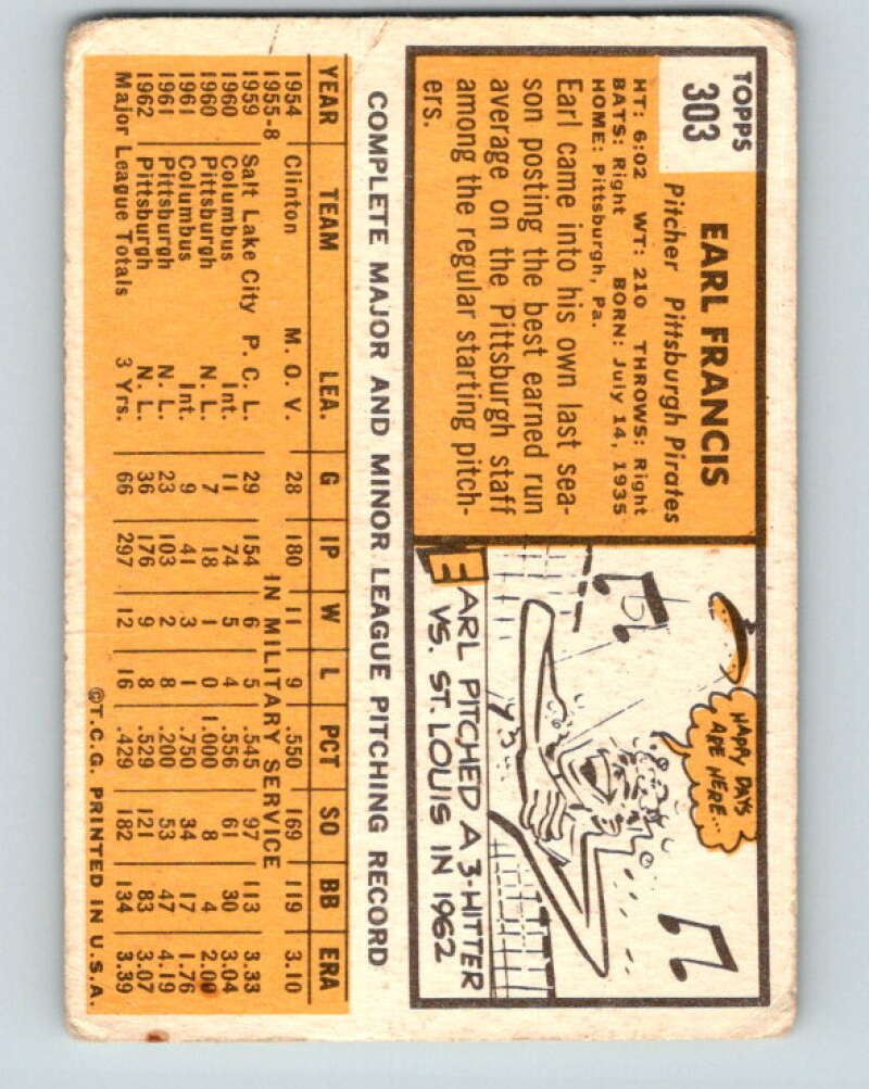 1963 Topps MLB #303 Earl Francis Pittsburgh Pirates V10379